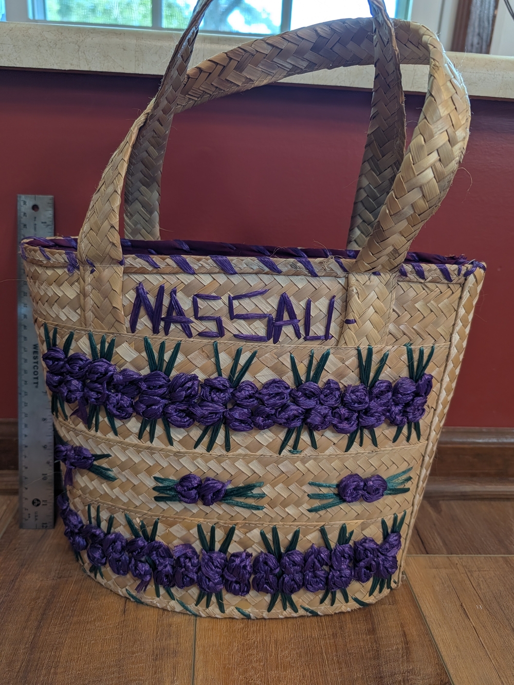 Vintage Nassau Handwoven Straw Tote with Purple Floral Detailing